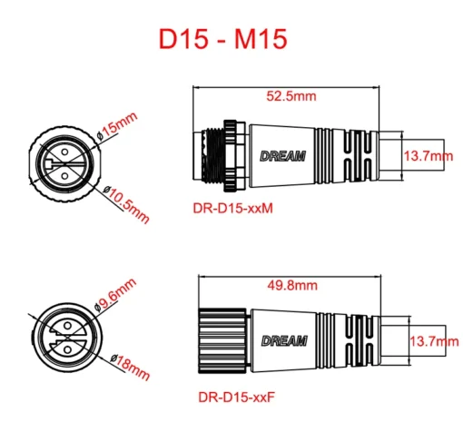 Đầu nối cáp nối IP68 M15 2pin 2×2.5