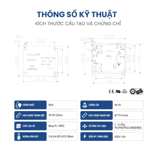 Hộp nối điện chống nước 2 3 4 5 6 ngả ngoài trời IP68 FSH714
