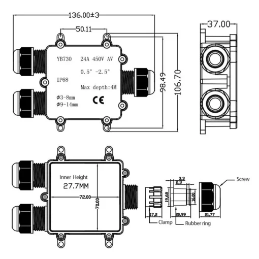 Hộp nối chống nước 3 ngả ngoài trời IP68 YB730