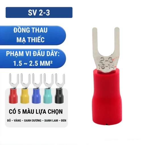 Đầu cos chữ Y SV 2-3 bằng đồng bọc nhựa nối dây điện 1.5 ~ 2.5 mm², lỗ 3.2mm
