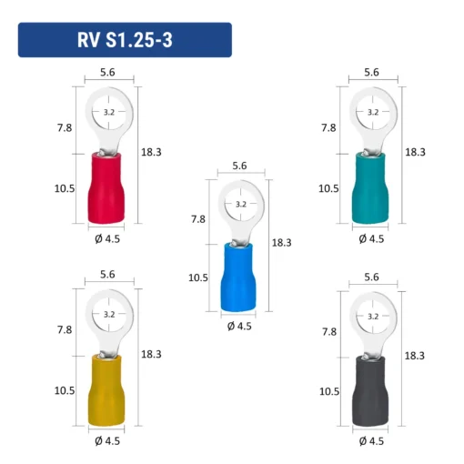 Đầu cos tròn RV S1.25-3 bằng đồng bọc nhựa nối dây điện 0.5 ~ 1.5 mm², lỗ 3.2mm
