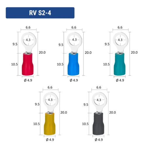Đầu cos tròn RV S2-4 bằng đồng bọc nhựa nối dây điện 1.5 ~ 2.5 mm², lỗ 4.3mm