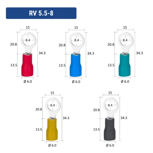Đầu cos tròn RV 5.5-8 bằng đồng bọc nhựa nối dây điện 4.0 ~ 6.0 mm², lỗ 8.4mm
