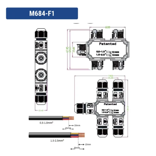 Đầu nối điện chống nước IP68 M684-F1 M20 3 Pin 5 đầu dây 6-11mm