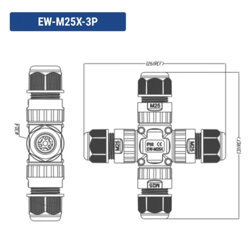 Đầu nối chống nước IP68 EW-M25X-3P 3 Pin dây 9-12mm