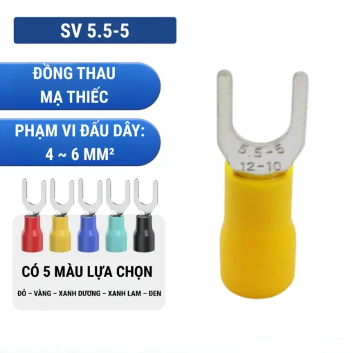 Đầu cos chữ Y SV 5.5-5 bằng đồng bọc nhựa nối dây điện 4 ~ 6 mm², lỗ 5.3mm