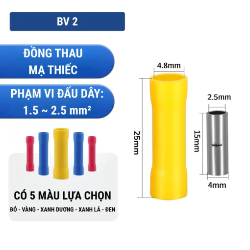 Đầu cos nối thẳng BV 2 bằng đồng bọc nhựa nối dây điện 1.5 ~ 2.5 mm²