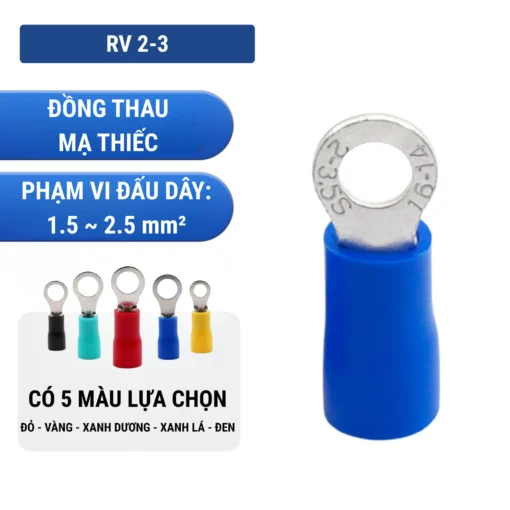 Đầu cos tròn RV 2-3 bằng đồng bọc nhựa nối dây điện 1.5 ~ 2.5 mm², lỗ 3.2mm