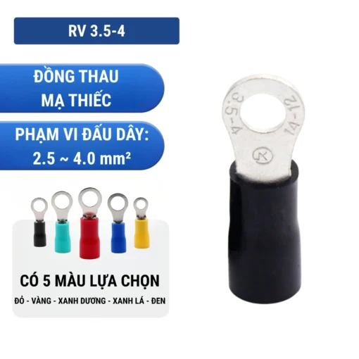 Đầu cos tròn RV 3.5-4 bằng đồng bọc nhựa nối dây điện 2.5 ~ 4.0 mm², lỗ 4.3mm