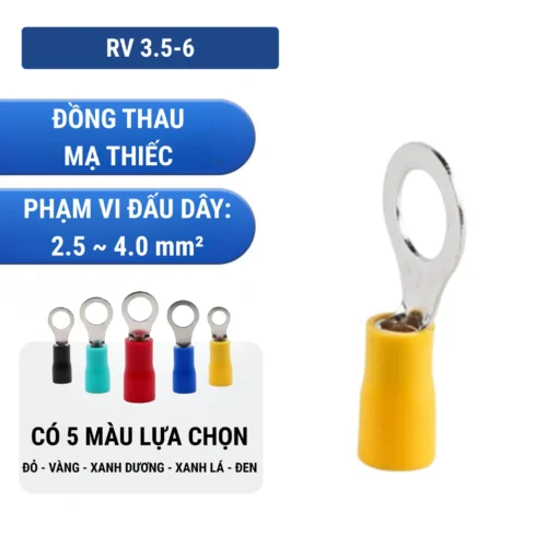 Đầu cos tròn RV 3.5-6 bằng đồng bọc nhựa nối dây điện 2.5 ~ 4.0 mm², lỗ 6.4mm