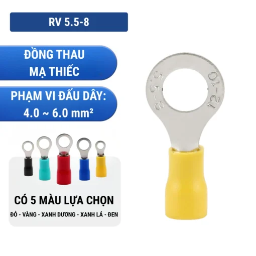 Đầu cos tròn RV 5.5-8 bằng đồng bọc nhựa nối dây điện 4.0 ~ 6.0 mm², lỗ 8.4mm