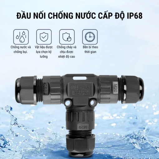 Đầu nối chống nước IP68 EW-M20T-3P chữ T M20 3 Pin dây 8-12mm