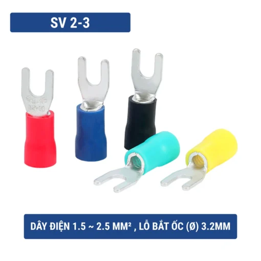Đầu cos chữ Y SV 2-3 bằng đồng bọc nhựa nối dây điện 1.5 ~ 2.5 mm², lỗ 3.2mm
