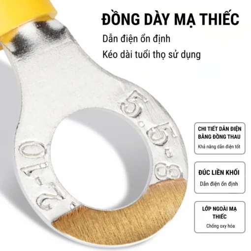 Đầu cos tròn RV 5.5-8 bằng đồng bọc nhựa nối dây điện 4.0 ~ 6.0 mm², lỗ 8.4mm