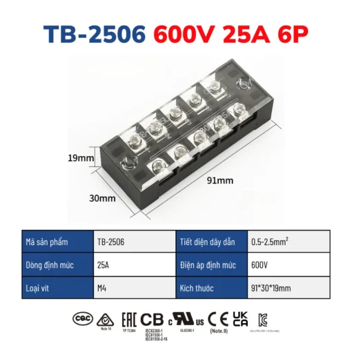 Cầu đấu dây điện 6 cực-25A – TB-2506