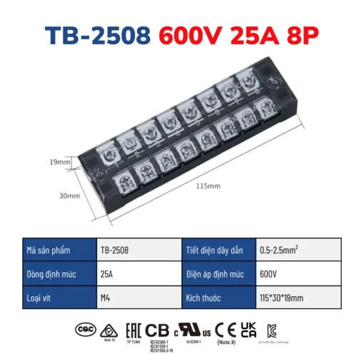 Cầu đấu dây điện 8 cực-25A – TB-2508