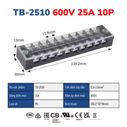 Cầu đấu dây điện 10 cực-25A – TB-2510
