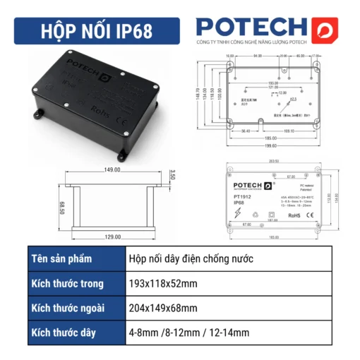 Hộp nối điện chống nước IP68 ngoài trời 204x149x68mm – PT1912