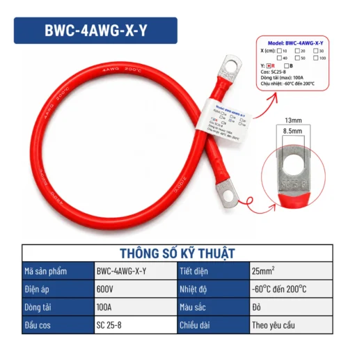 Dây nối bình ắc quy 4AWG bấm sẵn cos SC 25-8