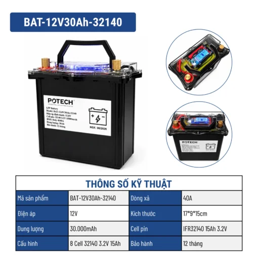 Bộ lưu trữ LIFEPO4 12V – 30Ah chống nước có led hiển thị pin