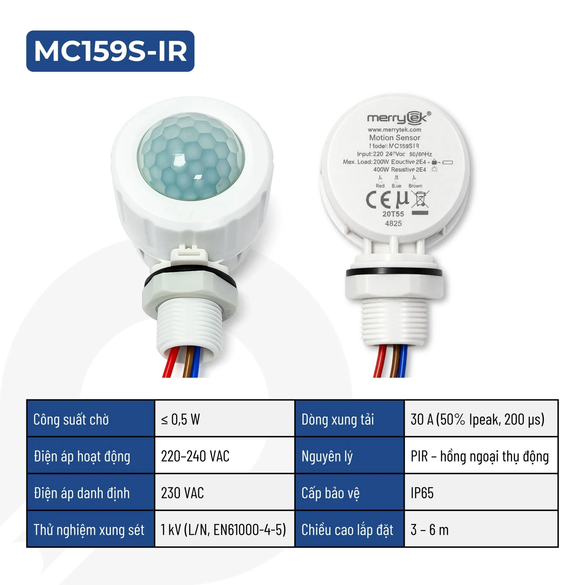 Công tắc cảm biến chuyển động hồng ngoại PIR MC159S IR bật/tắt đèn LED tự động IP65