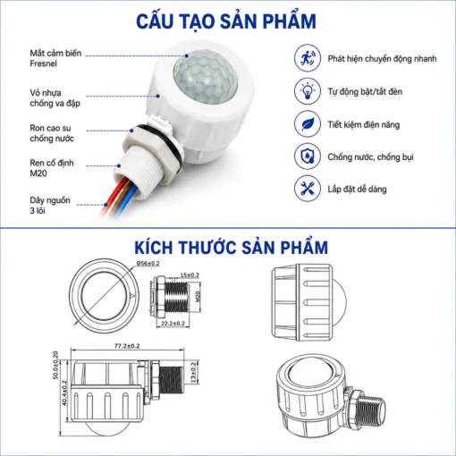 Công tắc cảm biến chuyển động hồng ngoại PIR MC159S IR bật/tắt đèn LED tự động IP65