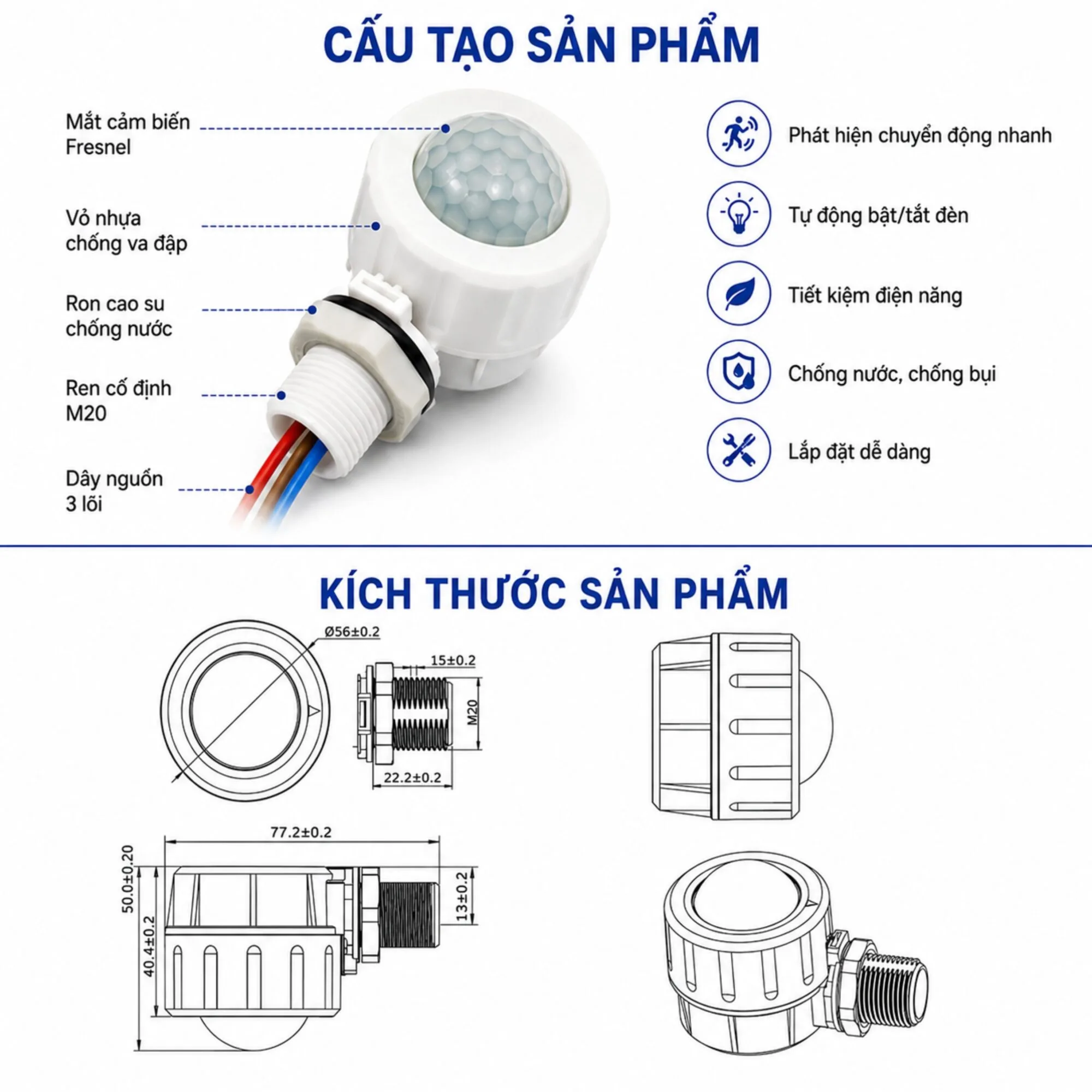 Công tắc cảm biến chuyển động hồng ngoại PIR MC159S IR bật/tắt đèn LED tự động IP65