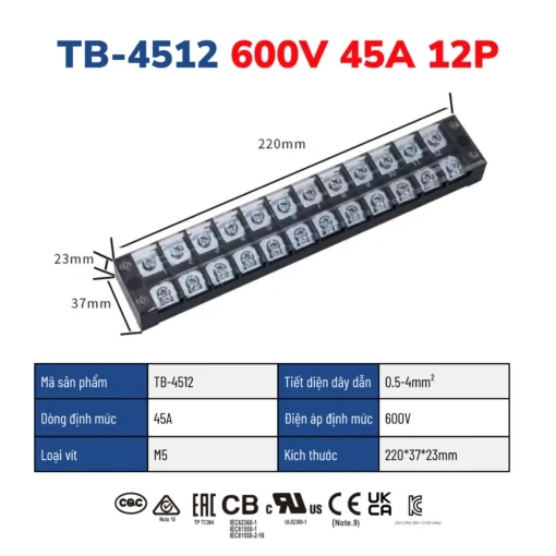 Cầu đấu dây điện 12 cực-45A – TB-4512