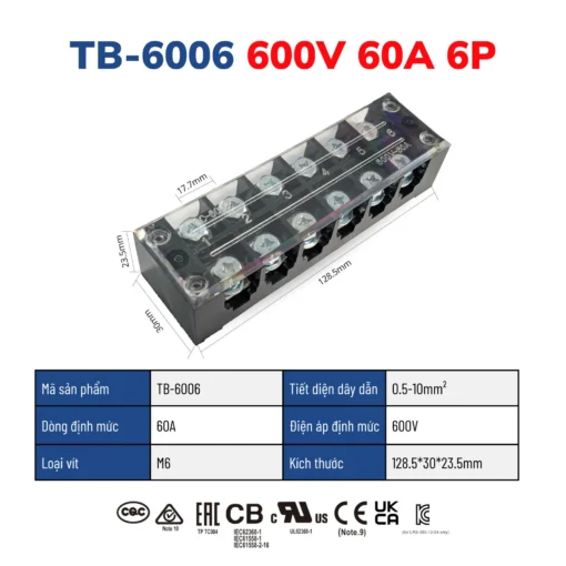 Cầu đấu dây điện 6 cực-60A – TB-6006