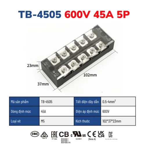 Cầu đấu dây điện 5 cực-45A – TB-4505