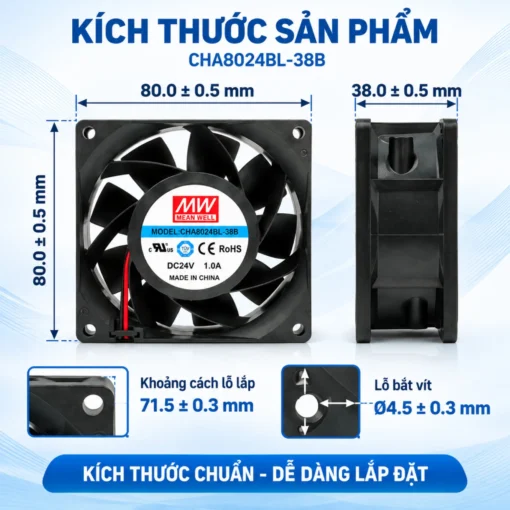 Quạt tủ điện 24V MEANWELL 80x80x38mm CHA8024BL-38B
