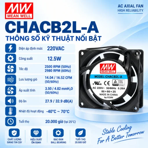 Quạt AC MEANWELL CHACB2L-A 80x80x25.5mm 220VAC 12.5W
