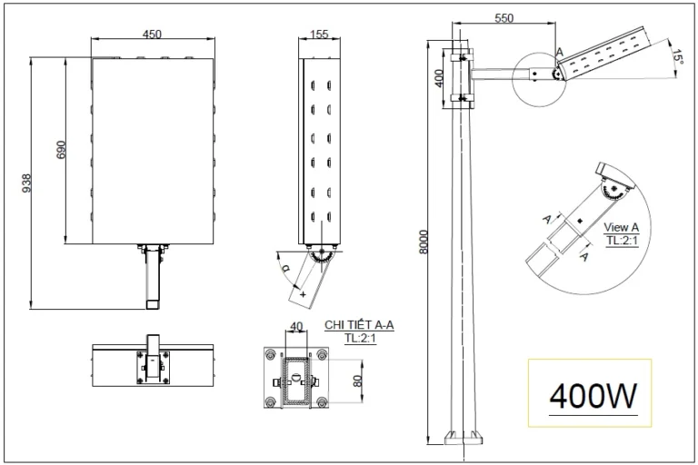 Bản vẽ kích thước đèn LED sân tennis 400W và cột đèn cao 8m