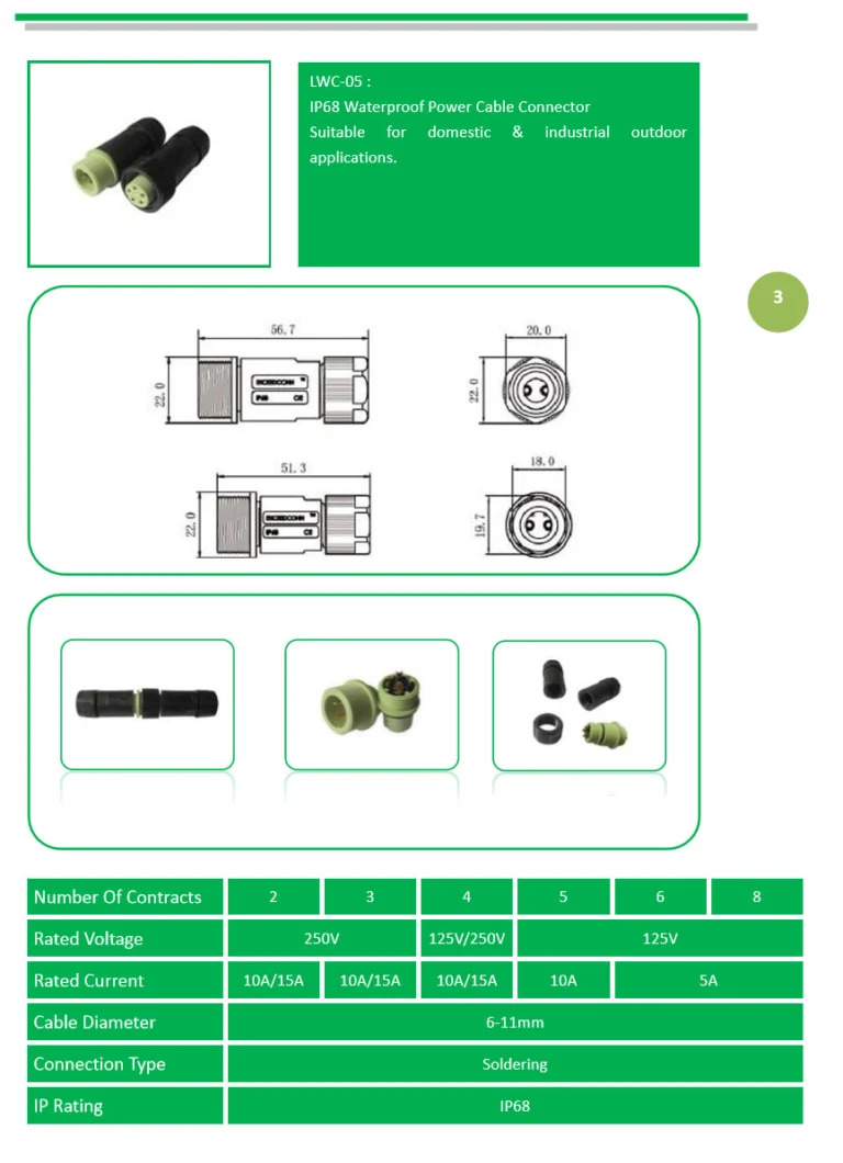 Đầu nối nguồn chống nước IP68 LWC-05: kích thước và thông số