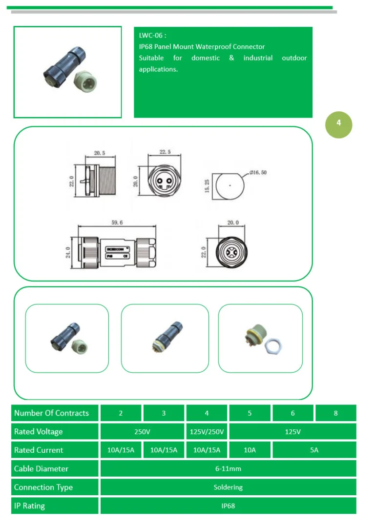 Đầu nối gắn tủ chống nước IP68 LWC-06: kích thước và thông số