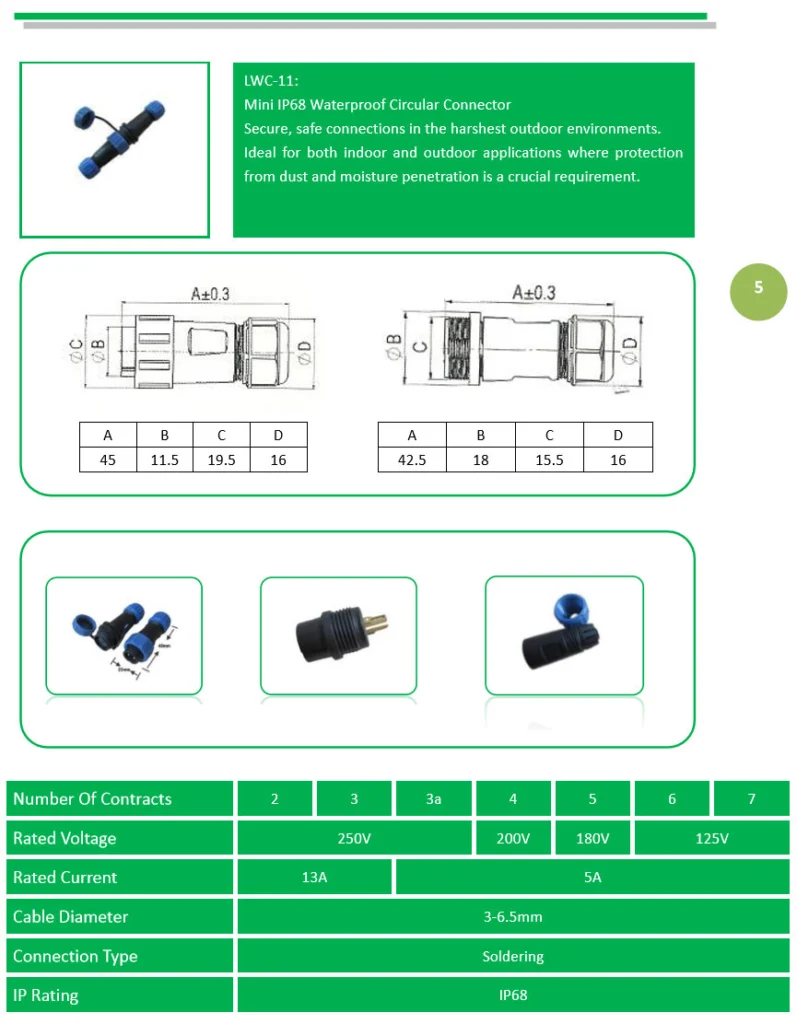 Đầu nối tròn mini chống nước IP68 LWC-11: kích thước và thông số