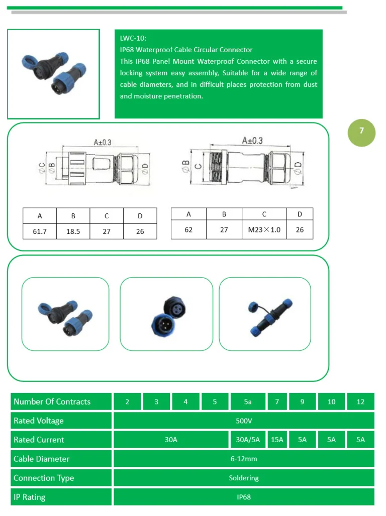 Đầu nối dây tròn chống nước IP68 LWC-10: kích thước và thông số