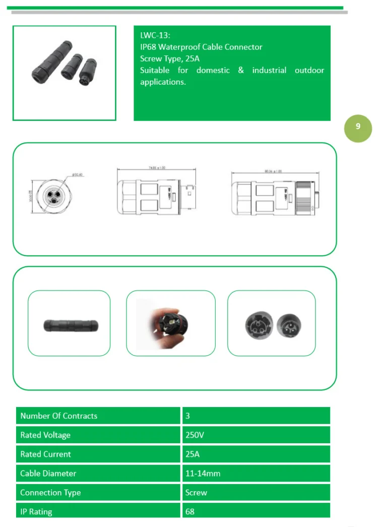 Đầu nối dây chống nước IP68 LWC-13: kích thước và thông số